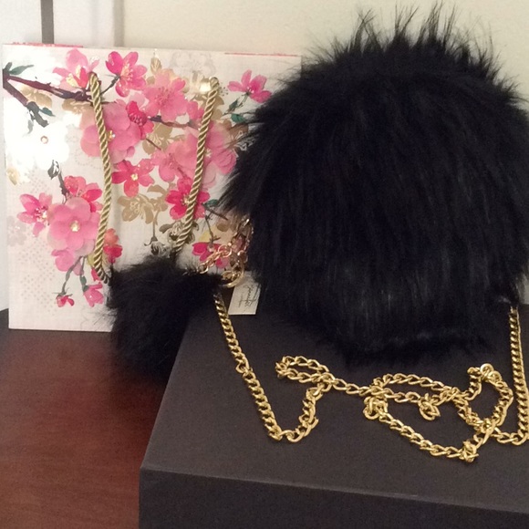 Handbags - Fur Cross body Bag w/Fur Key Chain - Black